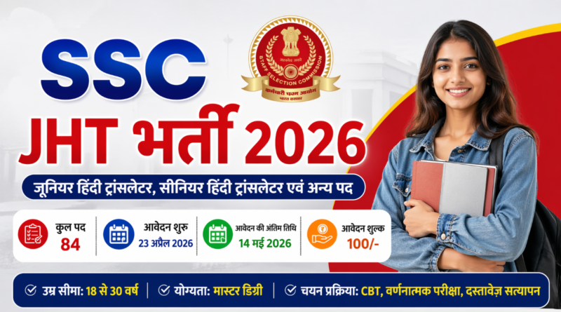 SSC JHT Recruitment 2026 thumbnail showing 84 vacancies, apply online dates, Hindi translator government job update
