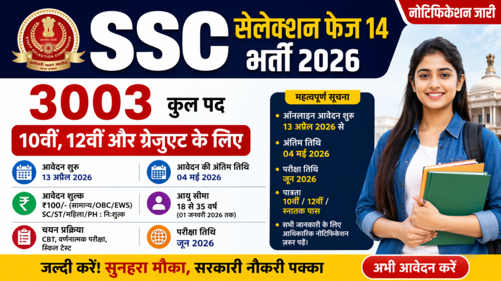 SSC Selection Phase 14 Recruitment 2026 OUT: 3003 Posts, Apply Online Now, Last Date 04 May