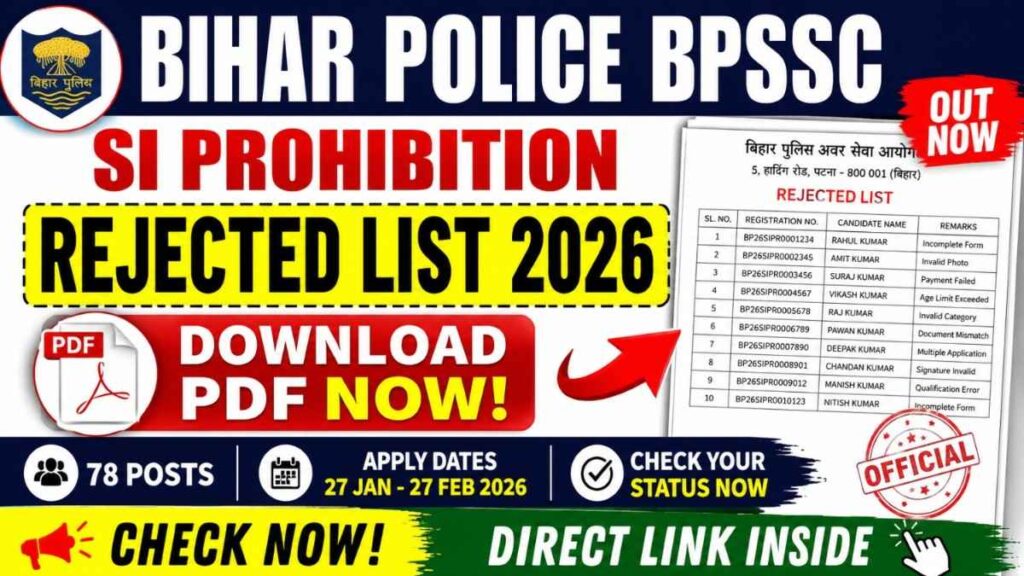 Bihar Police BPSSC SI Prohibition Rejected List 2026 OUT – Download PDF for 78 Posts